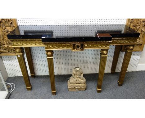 A pair of 18th century style console tables, each with breakfront marble tops over carved frieze, on six downswept tapering s