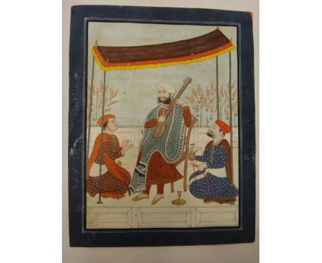 Punjab school, circa 1830, a royal playing a sitar  in a tent with two attendants, opaque pigments on paper, Persian blue bor