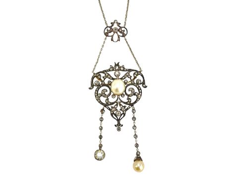 A late Victorian diamond and cultured pearl pendant necklace, the front of tapered form, in a scroll pierced design, centred 