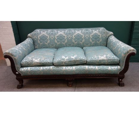 An 18th century style mahogany framed three piece suite, comprising; a sofa 198cm wide x 83cm high x 92cm deep, and a pair of