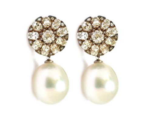 A pair of diamond and South Sea cultured pearl earrings, each diamond cluster top mounted with the principal cushion shaped d