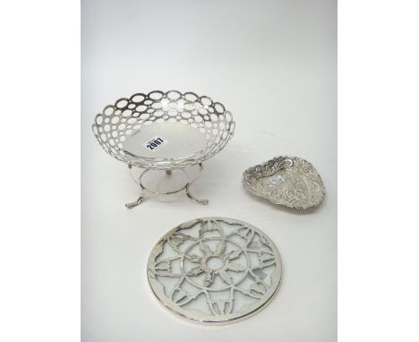 Silver and silver mounted wares, comprising; a shaped circular large bon bon dish, decorated with a wide border of oval pierc