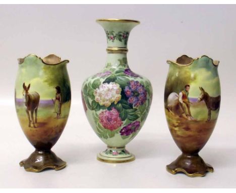 Pair of Royal Doulton vases decorated with Donkeys also a 19th century Copeland Spode vase. Condition report: see terms and c