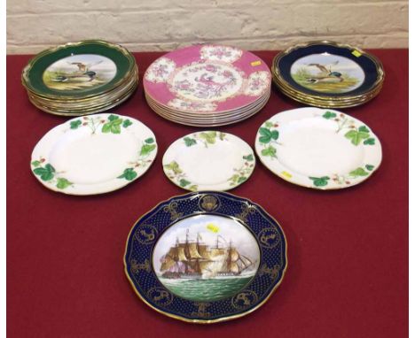 Eleven Spode plates decorated with birds, also a United States maritime plate, three Minton strawberry plates and six Mintons