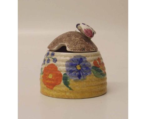 Clarice Cliff honey pot "Canterbury Bells". Condition report: see terms and conditions
