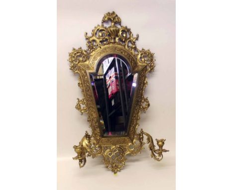 German or French gilded cast iron rococo style girandole wall mirror with a bevelled plate, No 5802, maker's mark M in a star