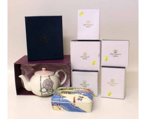 Old Tupton ware two covered trinket boxes, four vases and a Mackintosh tea pot (all boxed). Condition report: see terms and c