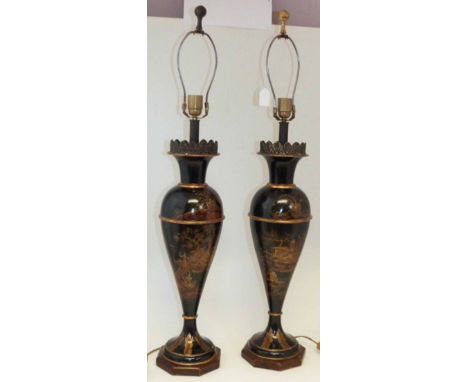 Pair of tall metal ware lamp bases decorated with oriental scenes (Theodore Alexander). Condition report: see terms and condi