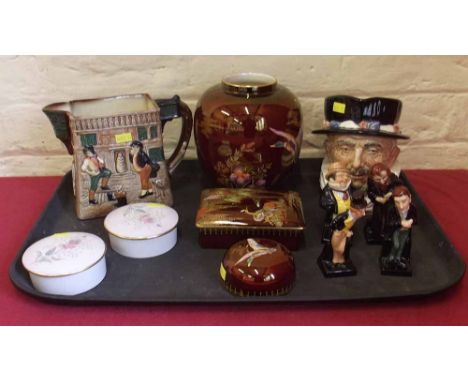 Carlton ware "Rouge Royale" lidded box, ginger jar, two circular lidded containers, Royal Doulton "Beefeater" Toby, four Doul
