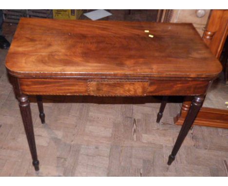 19th century mahogany and inlaid fold-over card table. Condition report: see terms and conditions