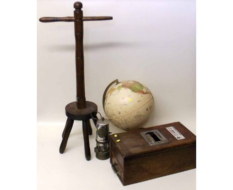 Eccles miners lamp, shop till, dolly peg and a child's globe. Condition report: see terms and conditions