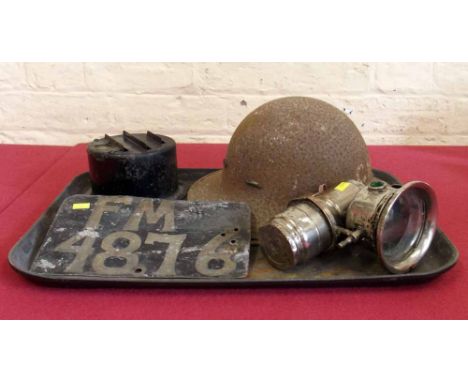 C.M.S. wartime helmet (size 7 JRS 1941), Carbide lamp (Joseph Lucas Ltd, Calcia Club), wartime motorbike blackout filter (Cra