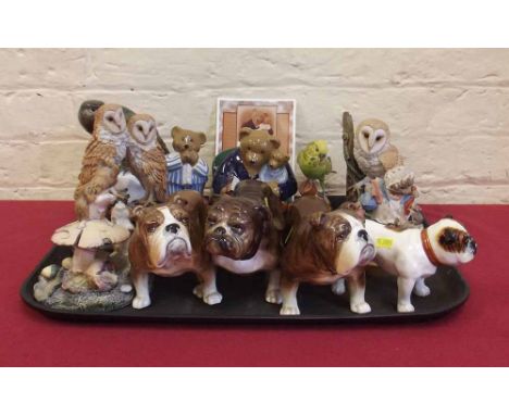 Collection of animal models, including two Royal Doulton owl models, wood mice figure group, Beswick Mrs. Tiggy-Winkle, resin