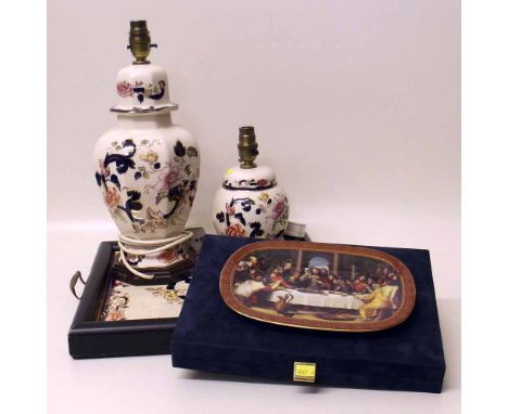 Two Mason's ware lamp bases, Mason's tray and Bradford Exchange "Das Abendmahc" dish. Condition report: see terms and conditi