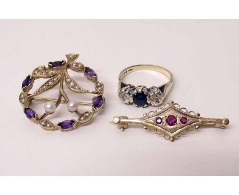 9ct gold amethyst and seed pearl circular brooch; 9ct ruby brooch; 9ct sapphire and diamond ring, 10.7g gross (3) Condition r