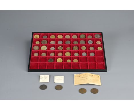 A COLLECTION OF 43 VARIOUS 18TH-19TH CENTURY COPPER AND BRASS TOKENS. Including: a Bath Token 1794, another inscribed BATH HE