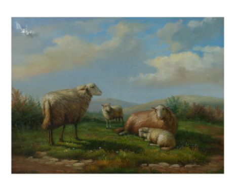 K. Williams (19th/20th Century) - Hilltop scene of sheep with their lambs, signed lower right, oil on board, 40 x 29.5 cm, gl