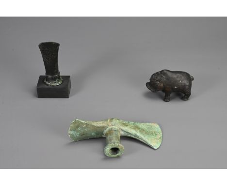 A GROUP OF BRONZE ITEMS, PROBABLY ROMAN AND LATER. To include two axe head fittings, probably Roman; Together with a bronze m