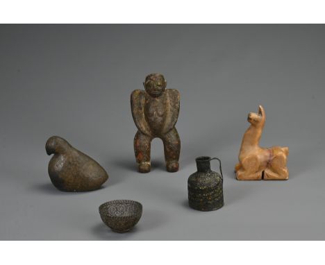 A GROUP OF STONE AND METALWARE ITEMS, INDIAN AND OTHERS. To include a carved stone figure in the form on a man; A soapstone a