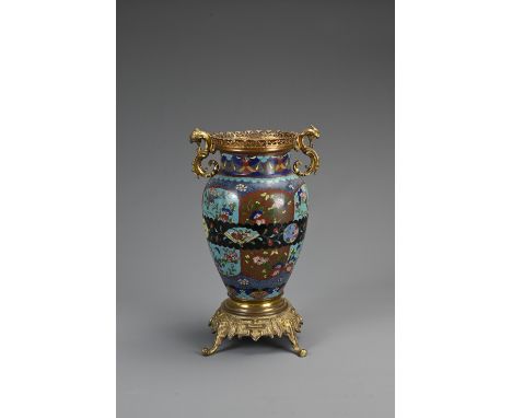 A JAPANESE CLOISONNE ENAMEL VASE WITH GILT MOUNTS, 19TH CENTURY. The vase of baluster form decorated with birds and floral sp