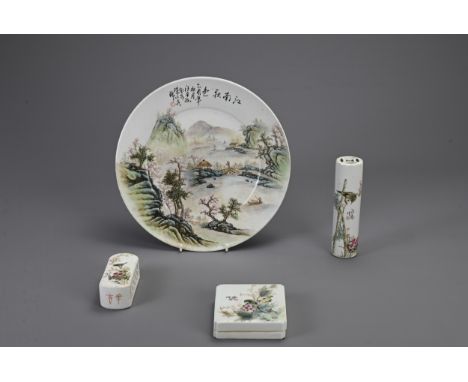 A GROUP OF CHINESE GUANCAI PORCELAIN ITEMS, 20TH CENTURY. To include a dish, a square form ink box, a wrist rest and paperwei