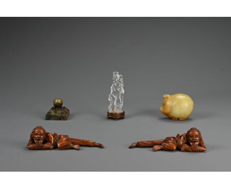 A GROUP OF CHINESE ITEMS, 20TH CENTURY. To include a mirrored pair of carved boxwood figures of a man a carp; A carved rock c