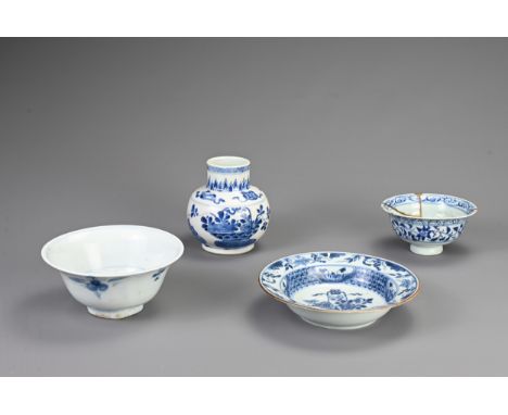 A GROUP OF CHINESE BLUE AND WHITE PORCELAIN ITEMS, POSSIBLY YUAN DYNASTY AND LATER. To include a bowl with moulded dragon int