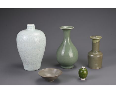 A GROUP OF CHINESE CERAMIC ITEMS, EARLY IN STYLE BUT LATER. To include a Song style Qingbai ware meiping vase; A celadon glaz