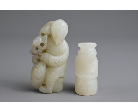 TWO CHINESE WHITE JADE PENDANTS. To include a figure of a man holding a lotus spray with fish; Together with a kneeling figur