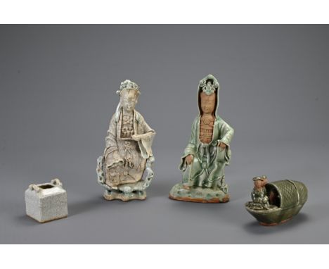 A GROUP OF CHINESE CERAMIC ITEMS, SONG DYNASTY STYLE. Two include a Qingbai type glazed figure of Guanyin seated on openwork 