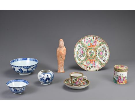 A GROUP OF CHINESE CERAMIC ITEMS, TANG AND 19TH CENTURY. To include an orange pottery figure of an attendant, Tang dynasty (6