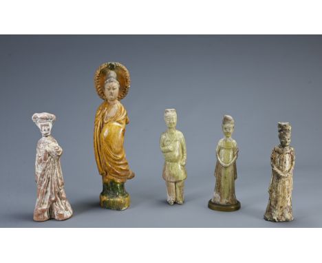 A GROUP OF CHINESE POTTERY FIGURES, TANG DYNASTY AND LATER. To include two lime glazed pottery figures of a man and lady, the