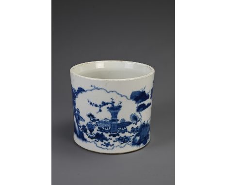 A CHINESE BLUE AND WHITE PORCELAIN BRUSH POT, BITONG, KANGXI MARK. The slightly tapered cylindrical pot decorated with cartou