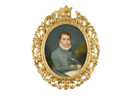 French School, 18th Century   Portrait of a young boy in blue frogged jacket and white ruff, seated, at a writing table oil o