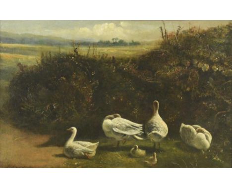 James Smetham (British, 1821–1889) Geese in a landscape signed lower left "J Smetham" oil on canvas 30 x 47cm (12 x 18in) Pro