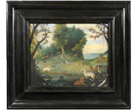 Follower of Jan van Kessel (Flemish, 1626-1679) The Garden of Eden oil on copper 42 x 52.50cm (16 x 20in)  The paint appears 