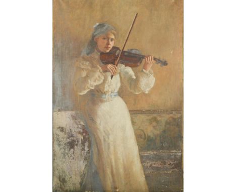 § The Hon. Marion Saumarez (British, 1885-1978) Self-portrait of the artist with violin oil on canvas, unframed 145 x 98cm (5