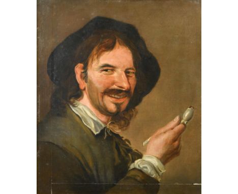 Follower of Adriaen van Ostade  (Dutch, 1610-1685) A Laughing peasant holding a pipe oil on oak panel 29.50 x 25.50cm (12 x 1