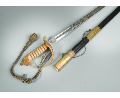 A George V Naval officer's sword, the etched blade with Royal Cypher &amp; Army &amp; Navy, stamped No. 02238, leather scabba