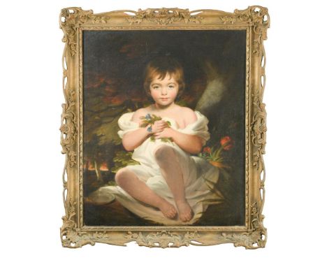 Circle of John Opie, RA (British, 1761-1807) Portrait of a young girl, seated, in a landscape, holding roses oil on canvas 75