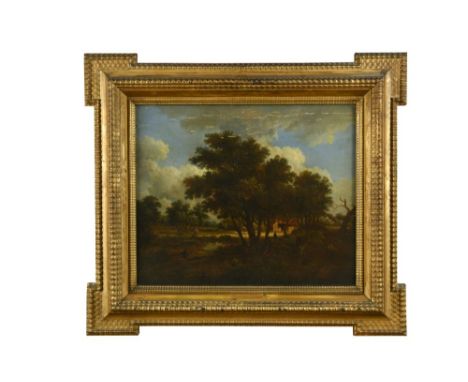 Manner of Meindert Hobbema (Dutch, 1638-1709) Landscape with walkers on a wooded track oil on panel 35 x 43cm (14 x 17in) Pro