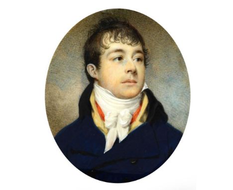 Attributed to Peter Paillou (British, fl. circa 1757-1831) Portrait miniature of John Yarde Fownes, wearing a blue jacket wit