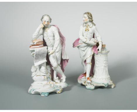 A pair of Derby figures of Shakespeare and Milton, circa 1770, after Peter Scheemakers, Shakespeare with a scroll inscribed i