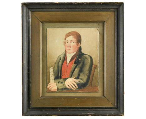 English Provincial School, early 19th Century  Portrait of a young man holding a musical score, dated 1818 watercolour 26.50 