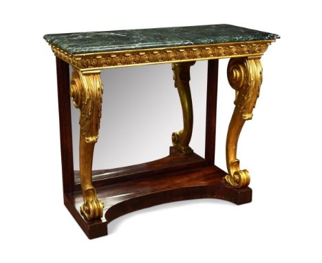 A Regency marble and gilt console, with a verde marble top to an acanthus gesso moulded gilt frieze and large leaf capped scr