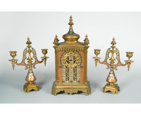 A late 19th century ormolu and enamel clock garniture, retailed by J. Muirhead &amp; Sons, the case in Moorish style with cen