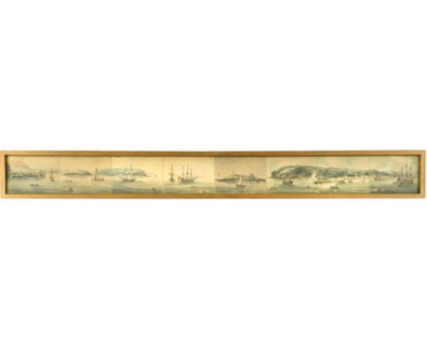 English School, 18th Century, A Panoramic view of Plymouth Sound, with British sailing ships, watercolour, in eight sections 