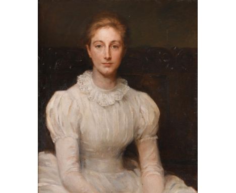 English School, late 19th Century   Portrait of a lady in a lace trimmed white dress, seated on a settle indistinctly signed 