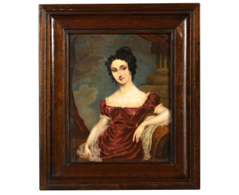 A 19th century English porcelain plaque,   painted by William Corden with a portrait miniature of Marian Wood, seated, wearin