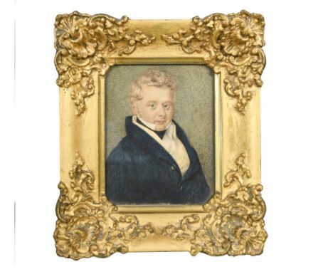 English School, 19th Century   Portrait of a gentleman in a blue coat, watercolour on card, indistinctly inscribed and dated 